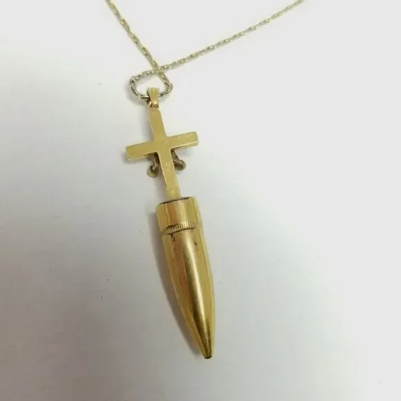 Vintage Trench Art Style Cross Pendant Necklace, Bullet Gold Tone, Chain, Estate